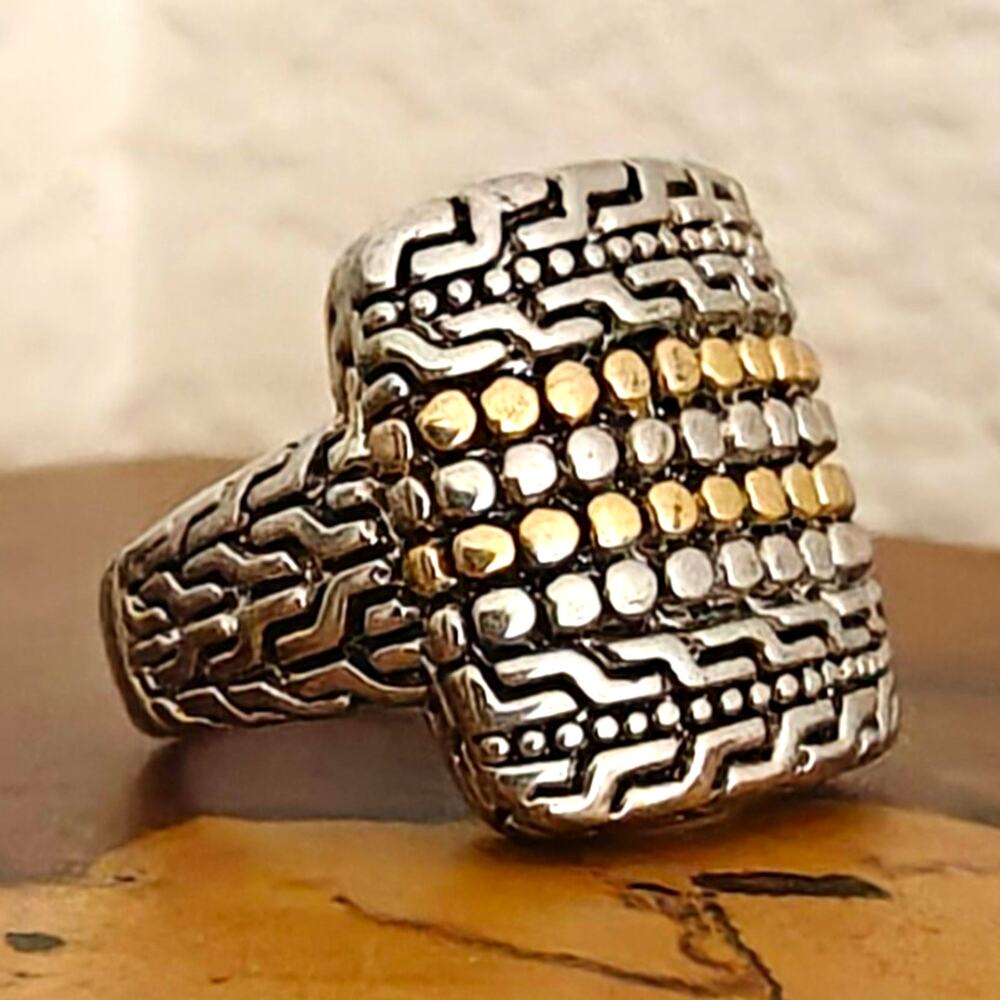Silver Tone Square Top Textured Cocktail Band Ring w/ Gold Tone Dots